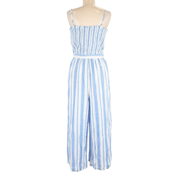 Loft Smocked Strappy Jumpsuit Size L Striped Blue and White Coastal Cropped NWT - Picture 3 of 9